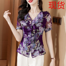 批发雪纺衫女装短袖上衣v领荷叶边印花衬衫薄款衬衣2026夏季新款修身