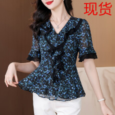 批发欧洲站2026夏季印花雪纺衫上衣女荷叶边显瘦遮肉打底衫别致衬衣