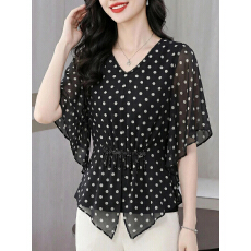 批发可定制收腰<b class='q'>波点</b>雪纺衫上衣女飞飞袖小V领2026夏季打底衫洋气<b class='q'>衬衣</b>