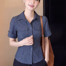 批发藏蓝色法系干练条纹翻领短袖衬衫女2026夏季新款通勤百搭大码上衣