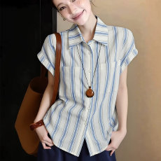 批发PLLFS 休闲减龄条纹翻领衬衫女春季2026年新款洋气时尚短袖通勤潮