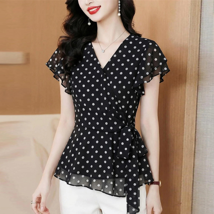 프린트 쉬폰 블라우스 2026 여름 디자인 센스 셔츠 맨위 여성 쉬폰 Feifei 소매 맨위 V넥 반팔 셔츠