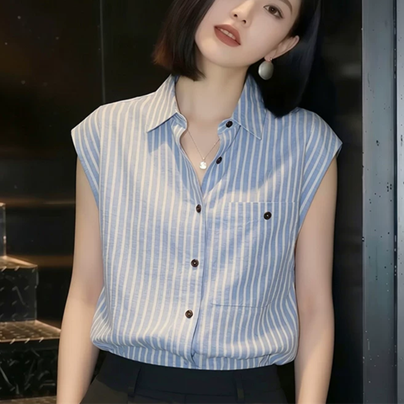 pllfs 패션 파란색 스트라이프 폴로 칼라 민소매 여성 셔츠 2026 여름 새로운 루즈핏 캐주얼 조끼 맨위