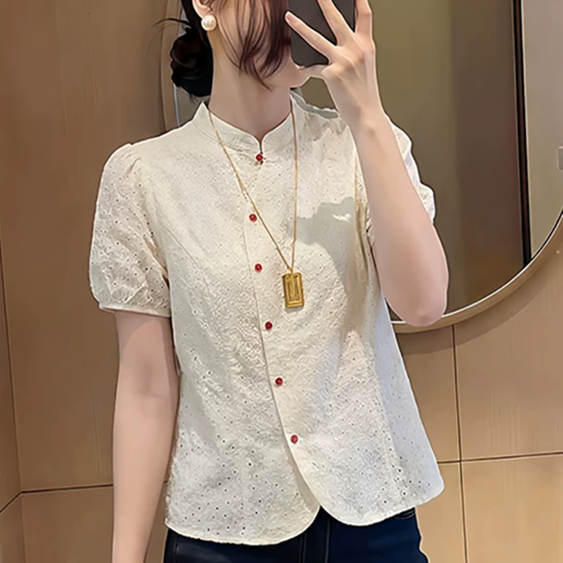 미니멀리즘 바람 다용도 슬림해 보이는 거품 소매 화이트 반팔 셔츠 로드 중 여름 2026 슈퍼 화재 연령 감소 맨위 빅 사이즈 여성 의류