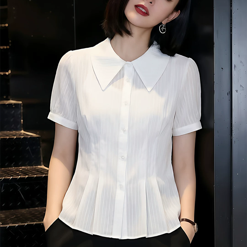 디자인 센스 출퇴근 폴로 칼라 주름 허리 수축 반팔 셔츠 로드 중 여름 2026 슈퍼 화재 연령 감소 맨위 빅 사이즈 여성 의류
