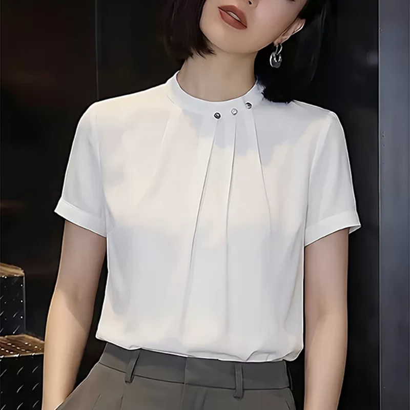 프랑스식 익스트림 제인 화이트 스탠드 칼라 반팔 셔츠 여성 의류 슬림해 보이는 2026 여름 새로운 올해 인기 폭발 맨위