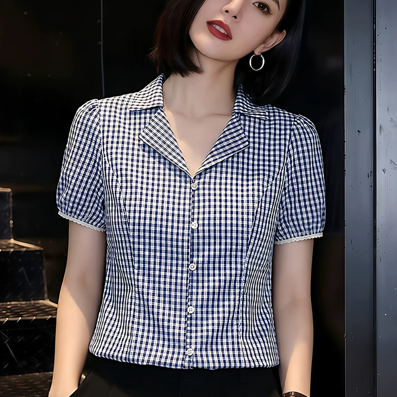 익스트림 제인 바람 폴로 칼라 품격 다용도 체크무늬 반팔 여성 셔츠 2026 여름 새로운 올해 인기 폭발 맨위