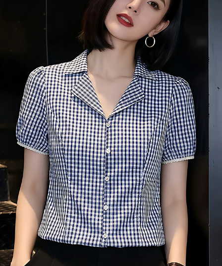 익스트림 제인 바람 폴로 칼라 품격 다용도 체크무늬 반팔 여성 셔츠 2026 여름 새로운 올해 인기 폭발 맨위
