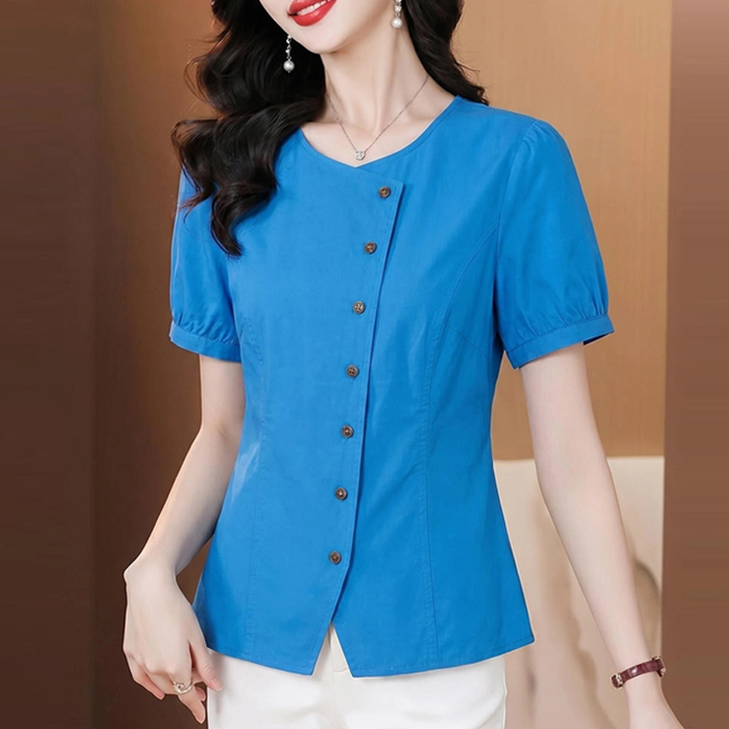 빨간색 읽기 순면 셔츠 여성용 짧은 소매 몸매 가꾸기 디자인 센스 여름 2026 년 새로운 여성 의류 품격 슬림해 보이는 맨위
