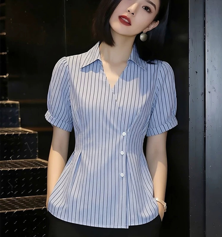 출퇴근 허리 수축 슬림해 보이는 반팔 셔츠 여성 의류 여름 2026 년 새로운 스트라이프 셔츠 맨위 슈퍼 잘 생긴 작은 셔츠
