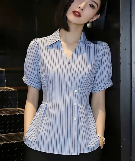 출퇴근 허리 수축 슬림해 보이는 반팔 셔츠 여성 의류 여름 2026 년 새로운 스트라이프 셔츠 맨위 슈퍼 잘 생긴 작은 셔츠