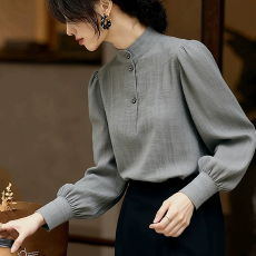 批发法式气质灰色半高领衬衫女2026春季新款高级感<b class='q'>时尚</b>宽松显瘦上衣潮