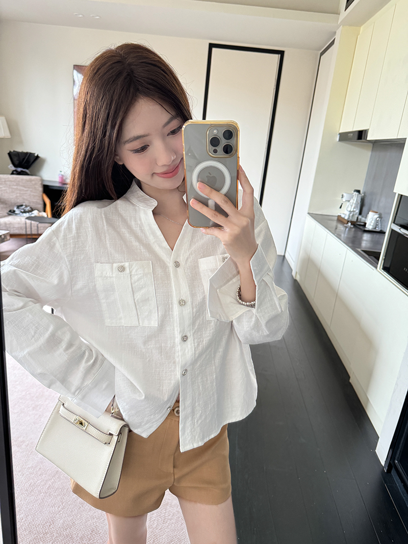 FA36933# 天然棉白色口袋衬衫套装女高腰显瘦短裤 服裝批發女裝批發服飾貨源