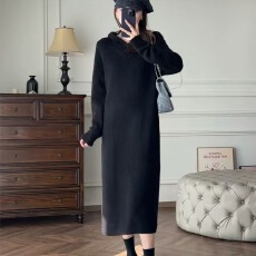 批发韩系连帽针织<b class='q'>连衣</b>裙女秋冬韩版宽松显瘦过膝长款v领打底毛衣裙