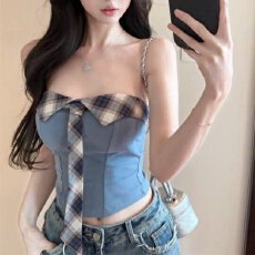 批发夏季新款复古格<b class='q'>纹</b>领带拼接设计感抹胸修身短款无袖上衣