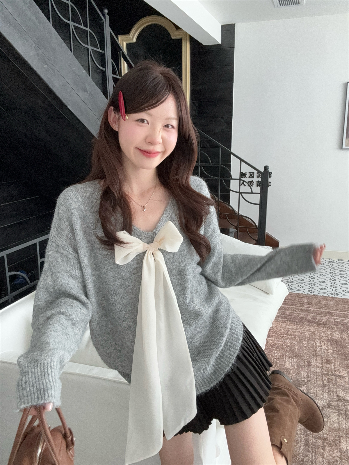 MY14082# 加厚慵懒宽松针织衫小香风上衣蝴蝶结V领套头毛衣女女裝貨源...