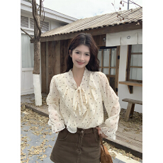 批发实拍实价～法式荷叶边波点系带长袖<b class='q'>衬衫</b>2025新款小众气质打底上衣