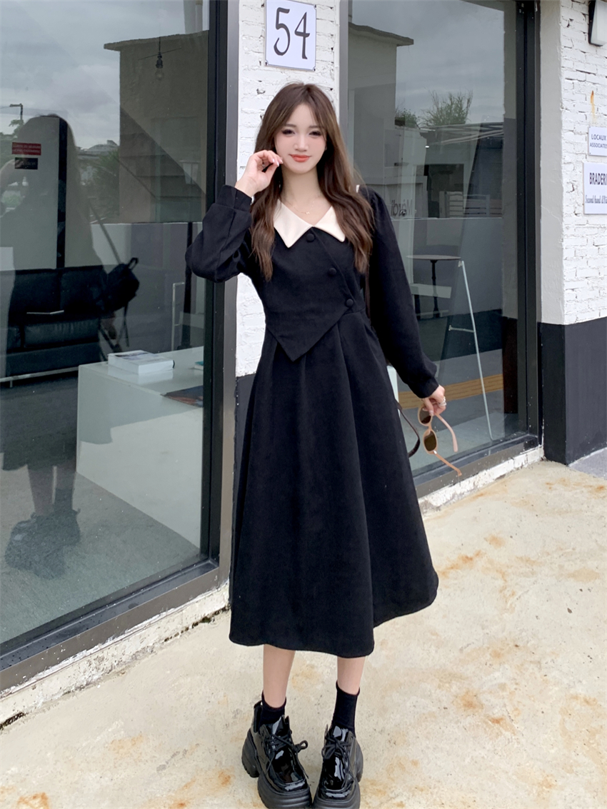 MY15273# 不规则长袖收腰裙子新款法式桔梗假两件连衣裙女女裝貨源服裝批發