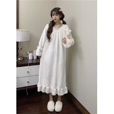 批发实拍 <b class='q'>秋</b>冬季加绒加厚白色甜美法兰绒睡裙长袖套头睡衣女家居服
