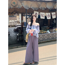 批发实拍实价 时尚气质2026春新款一字领碎花长袖衬衫休闲阔腿裤套装