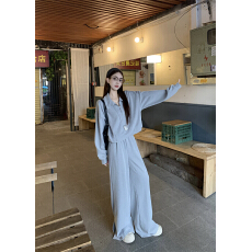 批发实拍实价 慵懒风新款灰色<b class='q'>卫衣</b>半拉链运动套装休闲开叉阔腿裤女