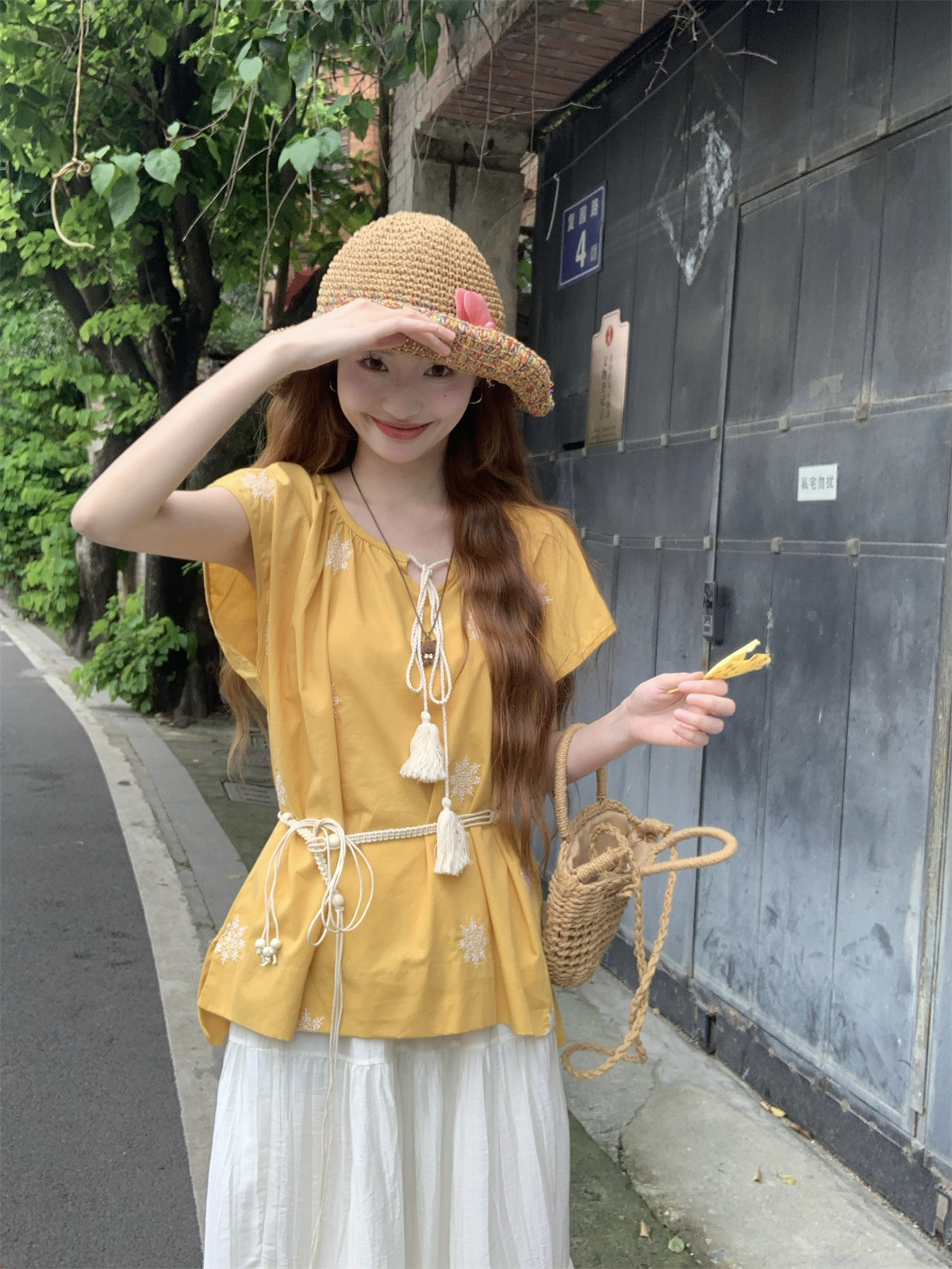 실사 정가 레트로 휴가 바람 자수 황색 작은 셔츠 저항 주름 펌프 로프 술 맨위 루즈핏 슬림해 보이는 셔츠