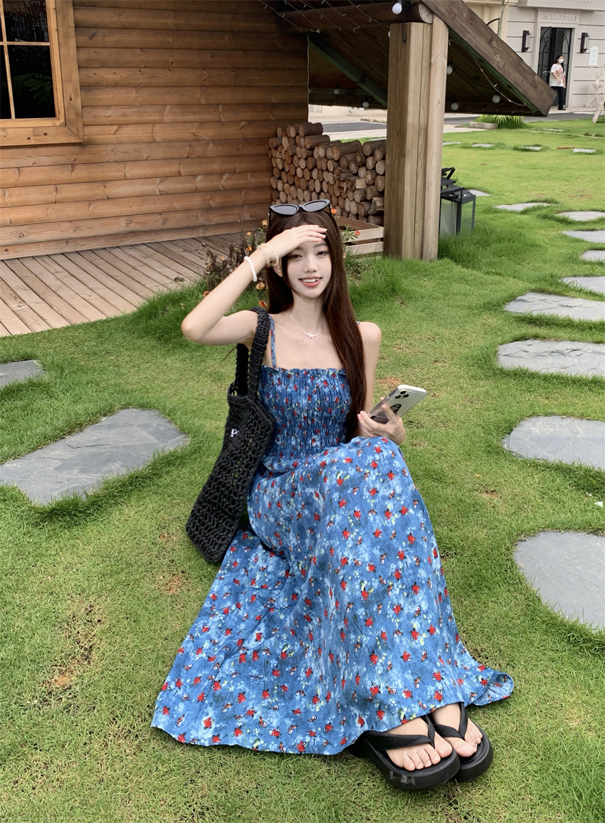 실사 정가 휴가 바람 레트로 꽃무늬 슬립 여성 드레스 여름 디자인 불규칙 허리 수축 슬림해 보이는 A라인 스커트