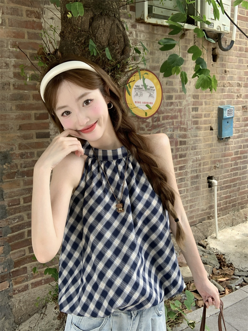 실사 정가 레트로 체크무늬 꽃밭 조끼 2026 여름 새로운 품격 달콤함 슬림해 보이는 행침 목 맨위
