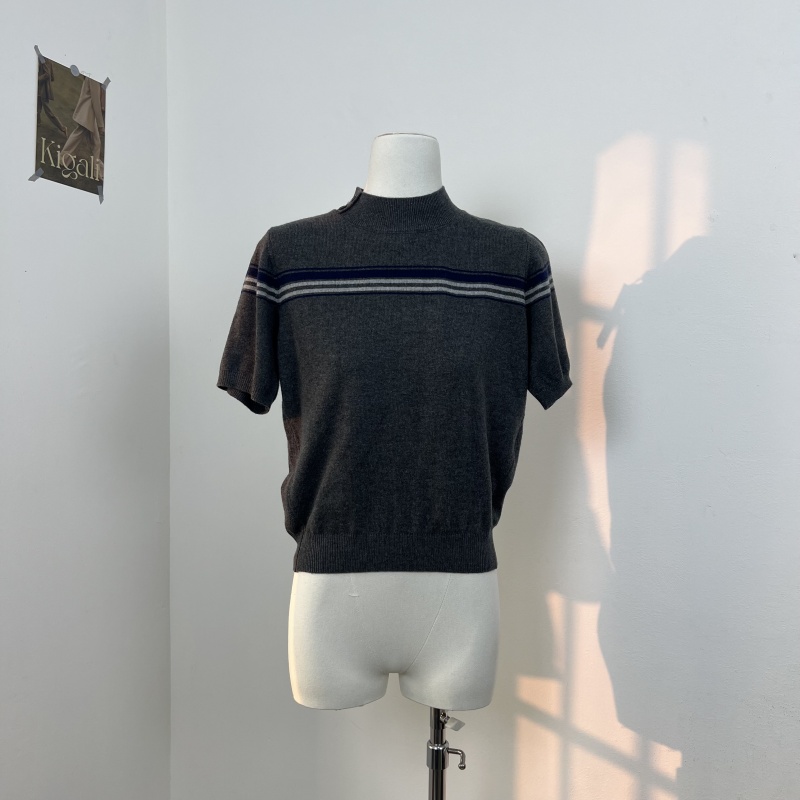 mito de dar 아세트산 산양 캐시미어 클래식 낮음 포화 상태 스트라이프 라운드 넥 긍정적 인 어깨 몸매 가꾸기 니트 반팔 티셔츠