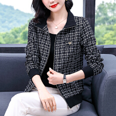 批发外套女秋冬新款中年女士短款棒球服时尚格子百搭妈妈开衫外搭上衣