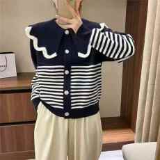 批发娃娃领针织开衫女2025春秋新款<b class='q'>韩版</b>宽松外穿上衣加厚条纹毛衣外套