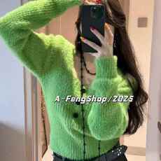 批发毛衣女2025秋冬韩系水貂毛方领短款修身显瘦<b class='q'>针织</b>开衫长袖内搭上衣