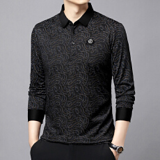 批发2025年春秋长袖polo衫中老年男冰丝t恤休闲时尚印花翻领T恤上衣男