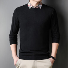 批发<b class='q'>衬衫</b>领假两件长袖t恤男士翻领纯色休闲上衣春秋季宽松体恤打底衫