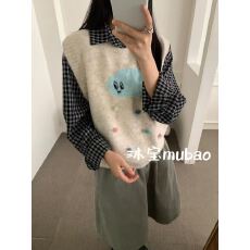 批发秋冬新款韩系撞色小熊毛衣马甲女宽松学院风针织背心