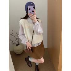 批发韩国东大门学院风针织毛衣女<b class='q'>秋</b>冬新款慵懒显瘦百搭刺绣花朵马甲