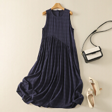 批发实拍已出货韩版长款无袖背心连衣裙复古气质格子宽松显瘦<b class='q'>长裙女</b>夏