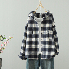 批发实拍秋冬毛呢格子连帽<b class='q'>衬衫</b>外套男女同款宽松慵懒风中长款休闲外套