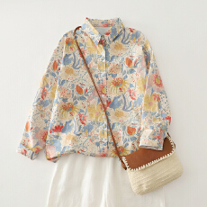 批发实拍 2026春装新款韩<b class='q'>范</b>复古印花纯棉长袖衬衣大码女装宽松衬衫