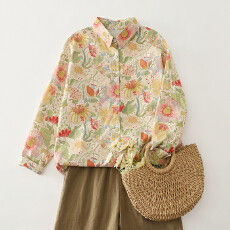 批发实拍 2026春装新款韩<b class='q'>范</b>复古印花纯棉长袖衬衣大码女装宽松衬衫