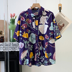 批发实拍 韩版<b class='q'>时尚</b>复古印花宽松显瘦纯棉短袖衬衫夏季新款洋气衬衫女