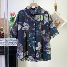 批发实拍 韩版<b class='q'>时尚</b>复古印花宽松显瘦纯棉短袖衬衫夏季新款洋气衬衫女