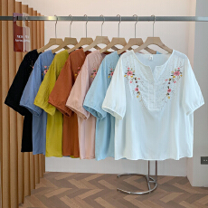 批发实拍已出货 <b class='q'>大码</b>双层棉纱衬衫女夏宽松显瘦刺绣纯棉V领衬衫上衣