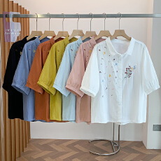 批发实拍已出货 <b class='q'>大码</b>双层棉纱衬衫女夏宽松显瘦刺绣纯棉翻领衬衫上衣