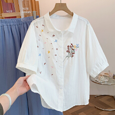 批发实拍 <b class='q'>大码</b>双层棉纱五分袖衬衫女夏宽松显瘦刺绣纯棉翻领衬衫上衣