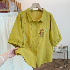 批发实拍 <b class='q'>大码</b>双层棉纱五分袖衬衫女夏宽松显瘦刺绣纯棉翻领衬衫上衣