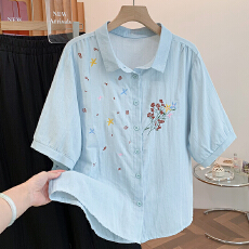 批发实拍 <b class='q'>大码</b>双层棉纱五分袖衬衫女夏宽松显瘦刺绣纯棉翻领衬衫上衣