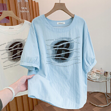 批发实拍 <b class='q'>大码</b>双层棉纱五分袖衬衫女夏宽松显瘦刺绣纯棉圆领衬衫上衣