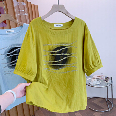 批发实拍 <b class='q'>大码</b>双层棉纱五分袖衬衫女夏宽松显瘦刺绣纯棉圆领衬衫上衣