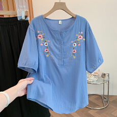 批发实拍 <b class='q'>大码</b>双层棉纱五分袖衬衫女夏宽松显瘦刺绣纯棉V领衬衫上衣